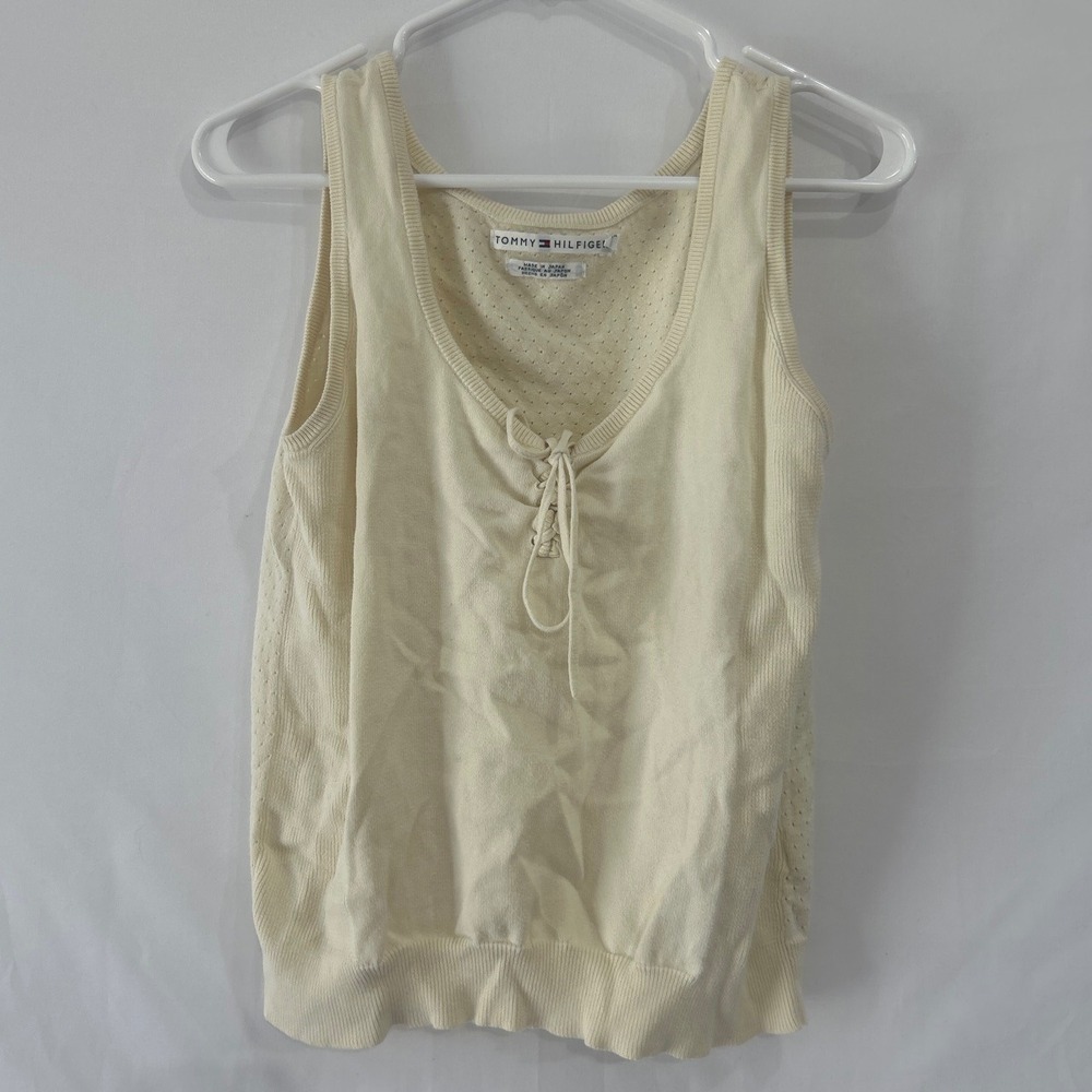 Tommy Hilfiger Vintage Pointelle Knit Lace Up V-Neck Sweater Tank Top Cream L